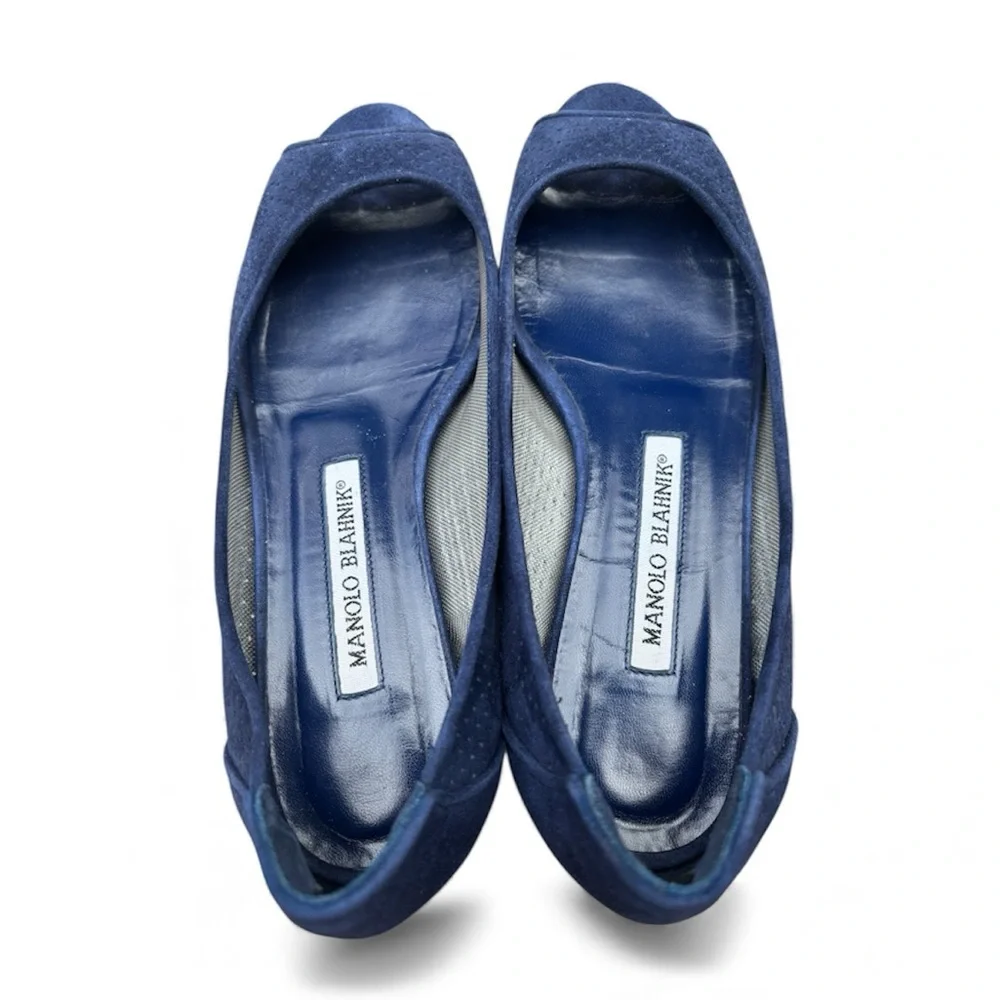 Manolo Blahnik Navy Blue Suede Peep Toe Flats 35.5 - Picture 7 of 9